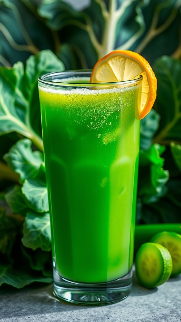 Health Benefits of Cabbage Juice Freshly squeezed cabbage juice in a glass with a lemon slice, surrounded by fresh cabbage leaves and cucumbers.